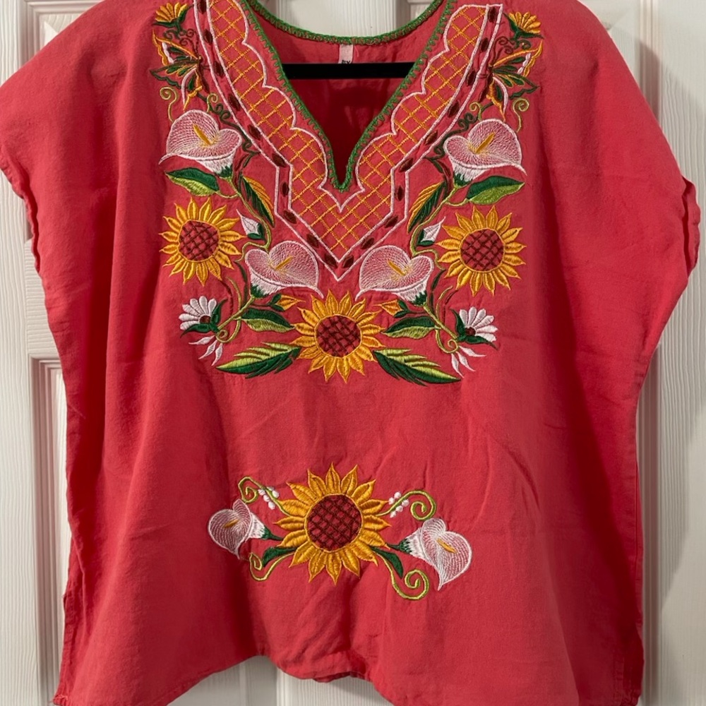 Embroidered Red Floral Women's Top